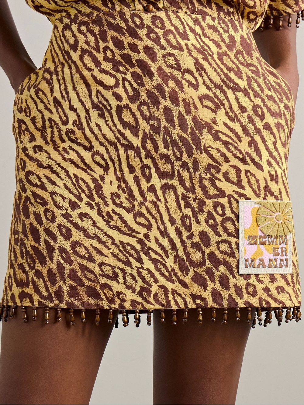 Zimmermann Coco Leopard Print Beaded Fringe Mini Skirt US 12 AU 4 NWT Cotton